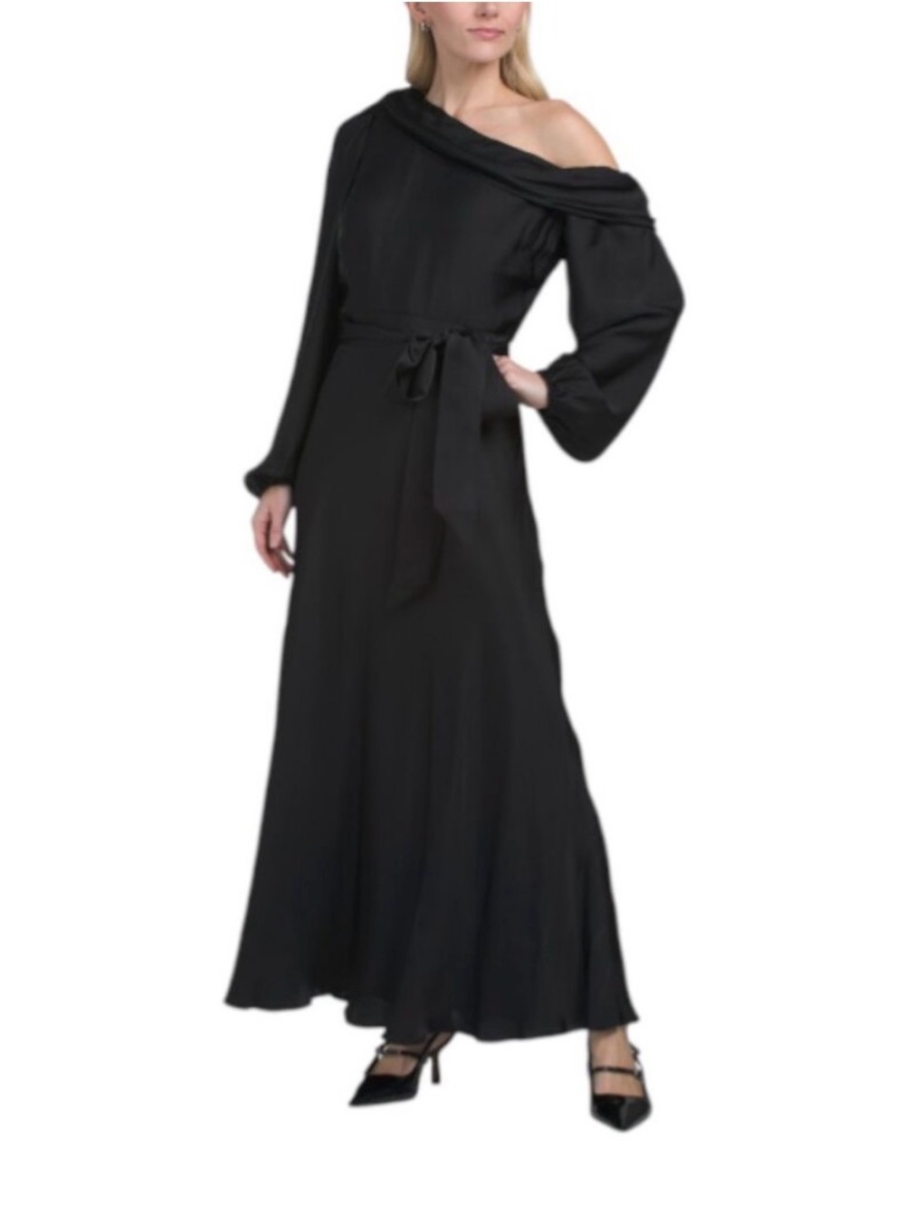 Tanya Taylor Black One-Shoulder Maxi Dress with Tie Waist
